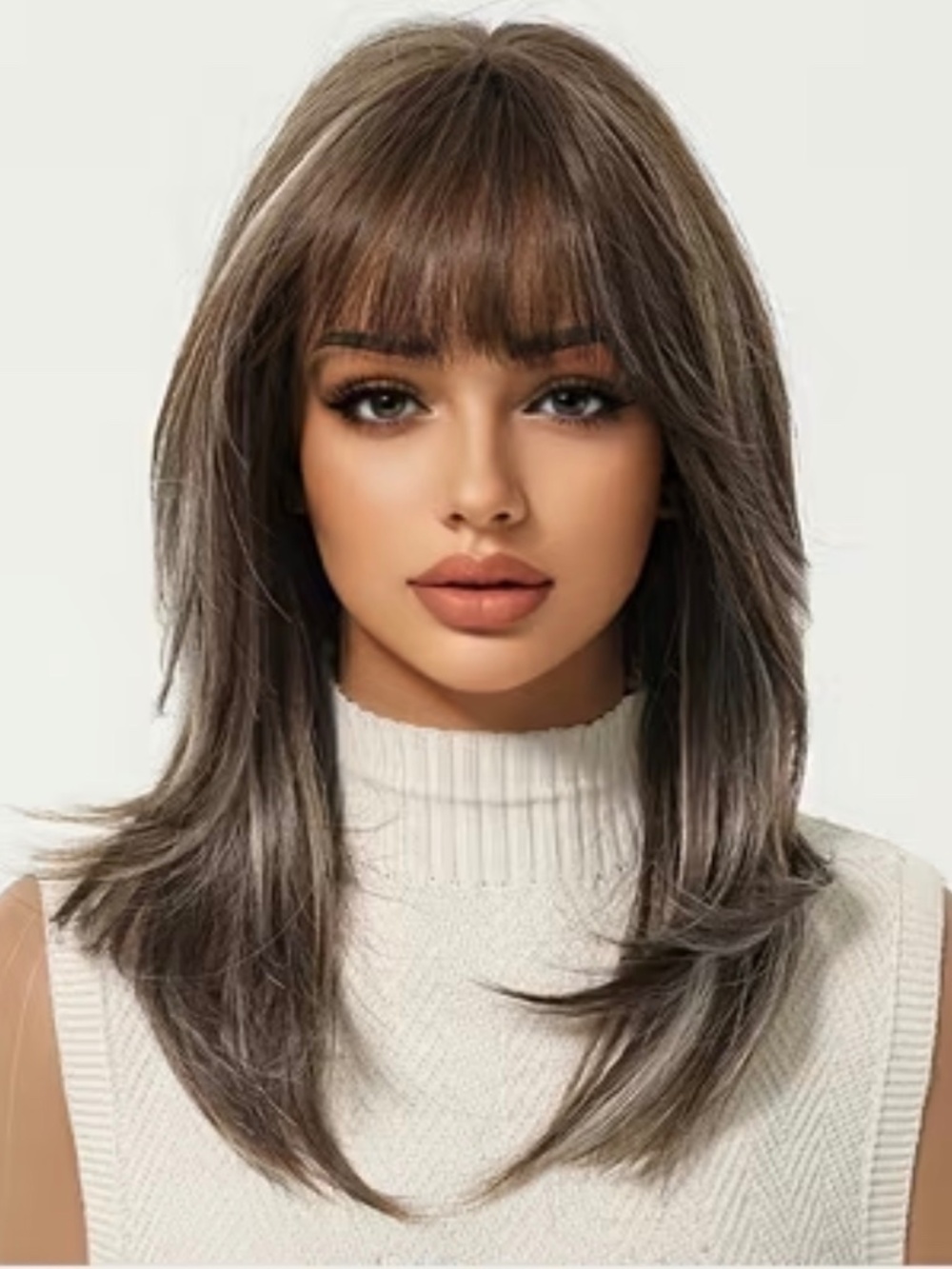 Gray Brown Highlight Medium Length Wig with Bangs